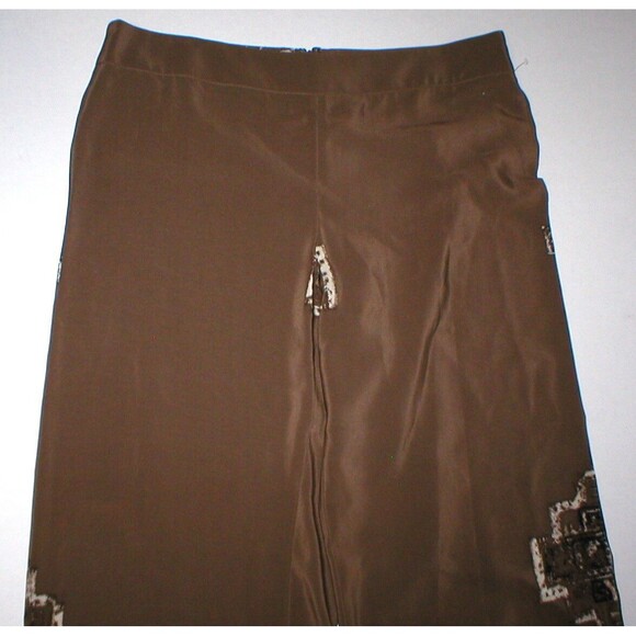 Womens Worth New York $498 4 USA Print Silk Pants Brown White Wide Ethnic Border - Picture 4 of 9
